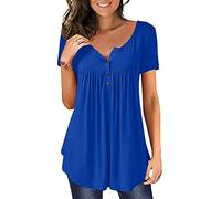 AmyGline Damen T-Shirt V-Ausschnitt Bluse Elegant Tunika Sommer Oberteile Knopfleiste Solide Große Größen Lässig Locker Kurzarm Tshirt Longshirt Tops Longbluse Blusen & Tuniken für Damen