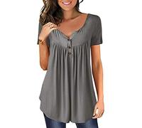 AmyGline Damen T-Shirt V-Ausschnitt Bluse Elegant Tunika Sommer Oberteile Knopfleiste Solide Große Größen Lässig Locker Kurzarm Tshirt Longshirt Tops Longbluse Blusen & Tuniken für Damen