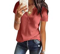 AmyGline Damen T Shirt V Ausschnitt Waffel Stricktop Sommer Oberteile Elegant Kurzarm Lässig Locker Henley Shirt Bluse Einfarbig Strick Top Tunika Basic Tee T-Shirts für Damen