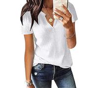 AmyGline Damen T Shirt V Ausschnitt Waffel Stricktop Sommer Oberteile Elegant Kurzarm Lässig Locker Henley Shirt Bluse Einfarbig Strick Top Tunika Basic Tee T-Shirts für Damen