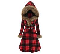 AmyGline Damen Wintermantel mit Kunstpelz Kapuze Gothic Retro Karierte Winter Jacke Parka Mantel Kleid Trenchcoat Winterjacke