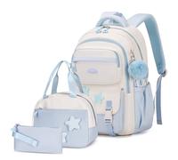 Amythe Schulranzen Mädchen Set, 3-teilig Lässig Rucksack für Mädchen 2. bis 5. Klasse mit Lunchpaket Mäppchen, Mehrere Fächer Schulrucksack Teenager, Kinder Schultasche, Blau