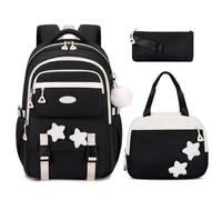 Amythe Schulranzen Mädchen Set, 3-teilig Lässig Rucksack für Mädchen 2. bis 5. Klasse mit Lunchpaket Mäppchen, Mehrere Fächer Schulrucksack Teenager, Kinder Schultasche, Schwarz
