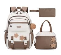 Amythe Schulranzen Mädchen Set, 3-teilig Lässig Rucksack für Mädchen 2. bis 5. Klasse mit Lunchpaket Mäppchen, Mehrere Fächer Schulrucksack Teenager, Kinder Schultasche, Braun