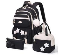 Amythe Schulranzen Mädchen Set mit Lunchpaket Mäppchen, Schwarz | Schultasche Set für Mädchen 2. - 5. Klasse mit Reflektoren, Schulrucksack Teenager mit Trolley-Gurt, Mehrere Fächer