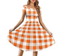 Amzbeauty Frauen Vintage Schwarz und Weiß Kariertes Kleid Rüschen Mini Plaid Kleid Bodycon Off The Shoulder Gesmoktes Partykleid, Orange und Weiß Büffelkaro, X-Large