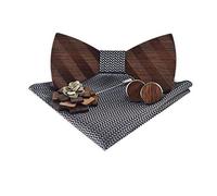 Amzchoice Klassische handgefertigte Herren-Fliege aus Holz mit passendem Einstecktuch, Herren-Manschettenknöpfe, Revers, Blumen-Set (116), Grau, Größe L