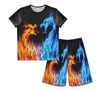 Anantty Kinder Jungen Schlafanzug Set Abstrakt Feurig Drachen Druck Shorty Pyjamaset Nachtwäsche Kurzarm Pyjamas Sommer Kurzarm Sets Outfit