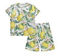 Anantty Kinder Jungen Schlafanzug Set Aquarell Jahrgang Zweig von Frisch Gelb Obst Zitronen Grün Blätter Blumen Shorty Pyjamaset Nachtwäsche Kurzarm Pyjamas Sommer Kurzarm Sets Outfit