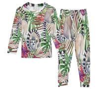 Anantty Kinder Schlafanzug Set Aquarell Tropisch Lemur Blätter Baumwolle Langarm Nachtwäsche Zweiteiliger Pyjama Sets für Mädchen Jungen