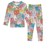 Anantty Kinder Schlafanzug Set Bunte süße Katze Baumwolle Langarm Nachtwäsche Zweiteiliger Pyjama Sets für Mädchen Jungen