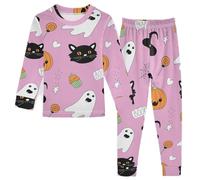 Anantty Kinder Schlafanzug Set Halloween Nett Kürbis Geist schwarz Katze Baumwolle Langarm Nachtwäsche Zweiteiliger Pyjama Sets für Mädchen Jungen