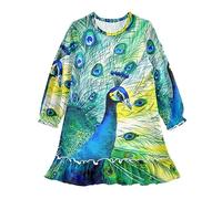 Anantty Mädchen Nachthemd Bunt Pfau Schwanz Gefieder Langarm Schlafanzug Kleider Nachtwäsche Nightdress Pyjamas
