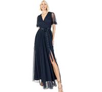 Anaya with Love Damen Ladies Maxi Dress for Women V Neckline Short Sleeve Frilly Long Empire Waist for Wedding Guest Bridesmaid Maid of Honour Kleid, Navy,