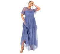 Anaya with Love Damen Ladies Maxi Dress Women Tiered Back Keyhole Mesh Short Sleeve Ruffle for Wedding Guest Prom Ball Evening Gown Kleid, Iris Blue, 34