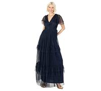 Anaya with Love Damen Short Sleeve Evening Ball Gown Tiered V Neck Bow Tie Bridesmaid Wedding Guest Prom Long Kleid, Navy Blue, 34 EU (UK 6)