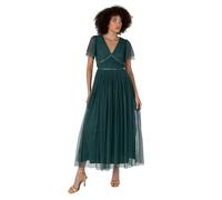 Anaya with Love Damen Women's Ladies Midaxi V-Neck Short Flutter Sleeve Ribbon A-line Tulle for Bridesmaid Wedding Guest Prom Ball Gown Dress, Emerald Green, 48 EU