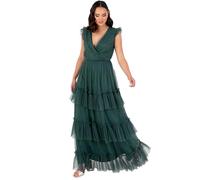 Anaya with Love Damen Women's Maxi Ladies Short Sleeve V-Neck Wrap Tiered Ruffle Tulle A-line Wedding Guest Bridesmaid Prom Ball Gown Dress, Emerald Green, 40 EU
