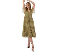 Anaya with Love Damen Womens Midi Dress for Ladies Tiered V Neckline Short Sleeve Frilly with Cord for Wedding Guest Evening Ball Gown Green Kleid, Olive,