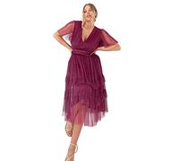 Anaya with Love Damen Women's Midi Dress Ladies V Neckline Short Sleeve Ruffles Empire Waist Tiered Tulle Skirt for Wedding Guest Bridesmaid Brautjungfernkleid, Plum, 34