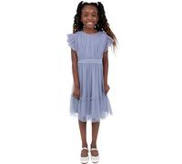 Anaya with Love Maya Deluxe Flower Girl Dress Bridesmaid Children's Round Neck Short Flutter Sleeve Bow Tulle Ruffle Princess Kids, Schieferblau 9-10 Years