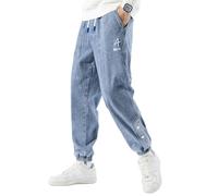 ANBOBER Herren-Jogger, Jeans, Denim, Jogger, Streetwear, lässige Jeans, Sweatpants mit Kordelzug, elastische Taille, Cargohose, Blau, Klein