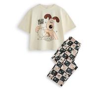 And Gromit Damen-Pyjama-Set | Gromit Tea Damen-Oberteil mit klassischem Logo und Loungewear-Hose mit Allover-Grafik in Grau und Marine | Merchandise-Geschenk zur klassischen Film-Comedy-Serie