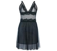 Andalea Schwarzes Tüll Chemise transparent mit Spitze Damen Negligee XXL Plus Size Doppelschicht 54/56