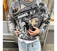 ANDREILEE Cartoon-Charakter & Buchstaben-Muster Farbverlauf-Farbton Langarm-Pullover, lässig weite Passform Rundhals Strick-Top für Herren und Damen,