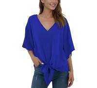 Anelune Bluse Damen Sommer Chiffon Tunika Tops Kurzarm Elegant Oberteile V-Ausschnitt Loose Casual Tie Front Trompetenärmel T Shirts S-2XL Königsblau XL