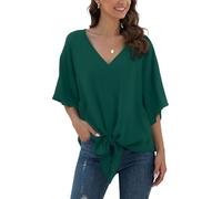 Anelune Bluse Damen Sommer Chiffon Tunika Tops Kurzarm Elegant Oberteile V-Ausschnitt Loose Casual Tie Front Trompetenärmel T Shirts S-2XL Dunkelgrün S