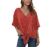 Anelune Bluse Damen Sommer Chiffon Tunika Tops Kurzarm Elegant Oberteile V-Ausschnitt Loose Casual Tie Front Trompetenärmel T Shirts S-2XL Blumen Rot XL