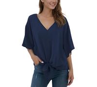 Anelune Bluse Damen Sommer Chiffon Tunika Tops Kurzarm Elegant Oberteile V-Ausschnitt Loose Casual Tie Front Trompetenärmel T Shirts S-2XL Marineblau XXL
