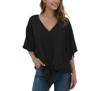 Anelune Bluse Damen Sommer Chiffon Tunika Tops Kurzarm Elegant Oberteile V-Ausschnitt Loose Casual Tie Front Trompetenärmel T Shirts S-2XL Schwarz XXL