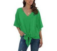Anelune Bluse Damen Sommer Chiffon Tunika Tops Kurzarm Elegant Oberteile V-Ausschnitt Loose Casual Tie Front Trompetenärmel T Shirts S-2XL Hellgrün M