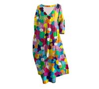 Angebot des Tages blitzangebot Kleid Damen Langarm Sommer Kleider Lang Freizeit Lose Sommerkleid Boho Maxikleid Elegant Drucken Rundhals Strandkleid mit Taschen maxikleid Damen elegant grün