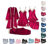 Angebot des Tages Blitzangebot Satin Pyjama Damen 5-Teilige Schlafanzüge Nachthemd Satin Schlafanzug Morgenmantel Hose Kleid Cami Shorts Elegant Spitze Nachtwäsche Hausanzug Pyjama Set Damen