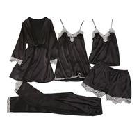 Angebot des Tages Satin Pyjama Damen 5-Teilige Schlafanzüge Nachthemd Satin Schlafanzug Morgenmantel Hose Kleid Cami Shorts Elegant Spitze Nachtwäsche Hausanzug Damen Satin Pyjama