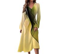 Angebot Des Tages Sommerkleid Damen Lang 2024 Damen Lang Herbst Kleider V-Ausschnitt Liniendruck Langarm Kleid Elegant Tunika Midikleid Blusenkleid Damen Kleid Damen Etuikleid Damen Sommer,Vermilion,L