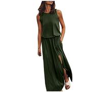 Angebote Damen Sale Kleider Damen Festlich Elegant Sommer Sommerkleid für Damen ärmelloses Rundhals-Maxikleid einfarbiges Kleid mit Gabelöffnung Weißes Langes Kleid Kleid spaghettiträger Damen