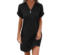 Angebote des Tages Heute blitzangebote Boho Kleid Damen pareos und Strandkleider Dresses for Women uk Einfarbig V-Ausschnitt Kurze Ärmel Kurz Kleid leichte Sommerkleider plisseekleid (Schwarz, XXL)