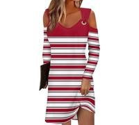 Angebote des Tages Heute blitzangebote Festliche Kleider Spitzenkleid Damen blusenkleid Damen Gestreiftes V-Ausschnitt Cold Shoulder Lange Ärmel Knielang Kleid Mittelalter Kleid tanzkleid (Red, XL)