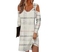 Angebote des Tages Heute blitzangebote Kleid schwarz blumenkleid Damen midikleid Damen Gestreiftes V-Ausschnitt Cold Shoulder Lange Ärmel Knielang Kleid Rockabilly Damen Tunika (Beige, XL)
