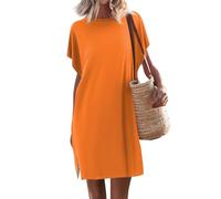 Angebote des Tages Heute blitzangebote Kleid Sommer Kleid weiß Kleidung Einfarbig Rundhals Fledermaus Ärmel Knielang Freizeit Kleid Sommerkleid elegant Abaya (Orange, L)