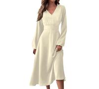 Angebote Des Tages Heute Blitzangebote Midi Kleid Damen Sommer Langarm Kleid Damen Einfarbig V-Ausschnitt Langarm Kleid Herbst Lang Elegante Kleider Damen Tshirt Kleid Damen Langarm Kleid Damen,Weiß,L