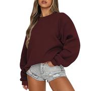 Angebote des Tages Heute Blitzangebote, Oversize Pullover Damen Hoodie Damen Einfarbig Rundhals Langarm Pulli Ohne Kapuze Oversized Oberteile Tops Locker Casual Basic Bluse Sweatshirt (Wine,XXL)