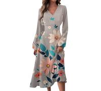 Angebote Des Tages Heute Blitzangebote Sommerkleid Damen Vintage Blumendruck V-Ausschnitt Langarm Kleid Herbst Lang Tunika Midikleid Kleider Damen Hochzeitsgast Kleid Damen Damen Sommerkleid,Schwarz,S