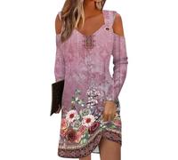 Angebote Des Tages Heute Blitzangebote, Sommerkleider Damen Knielang Sommerkleid Blumendruck V-Ausschnitt Langarm Bluse Kleid Lässiges Mini Eyelet Kleider Kleid Damen Dresses For Women(Pink,Xxl)