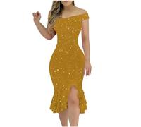 Angebote des Tages Heute Damen Abendkleid Lang Elegant Für Hochzeit Kleid Lang Festlich Hellblaues Kleid Damen Sexy Schulterfrei Glitzer Kleid Frauen Rückenfreies Kleid (Gelb, 3XL)