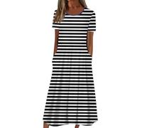 Angebote Des Tages Heute Damen Abendkleid Lang Elegant Für Hochzeit Sommerkleidung Damen One Shoulder Kleid Rundhalsausschnitt Gestreifter Druck Kurzarm Abendkleid Mit Taschen (Schwarz, 3Xl)